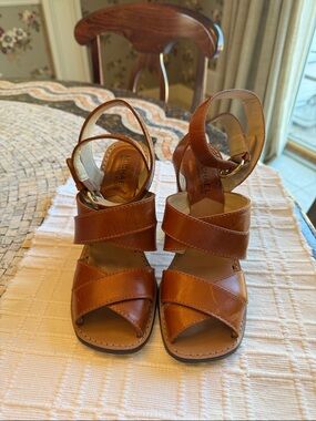 Michael Kors Cognac Leather Crisscross Wedge Sandals